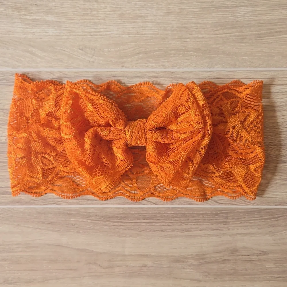 Set of 2 Wide Lace Bow Headbands Orange & Red Stretch Hairband Handmade Bundle